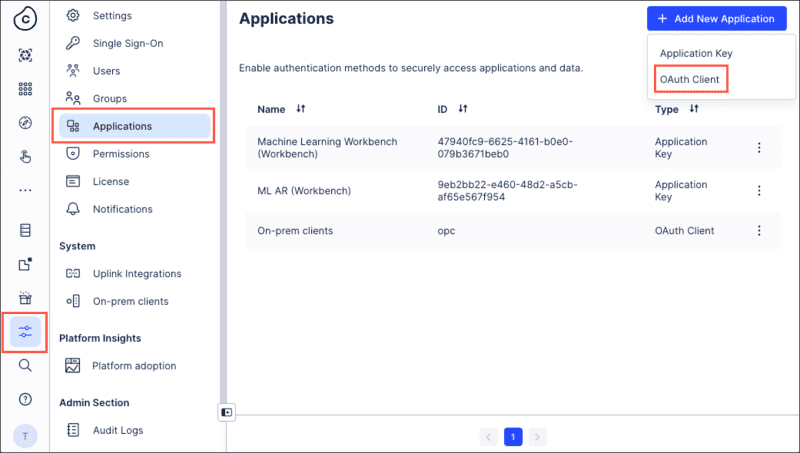 Screenshot of the Applications screen with the Add New Application menu expanded.